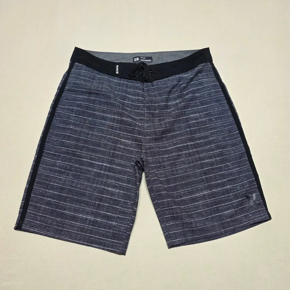 Hurley Mens Size 28 Board Shorts Black Gray Striped Surf Swim Trunks Drawstring
